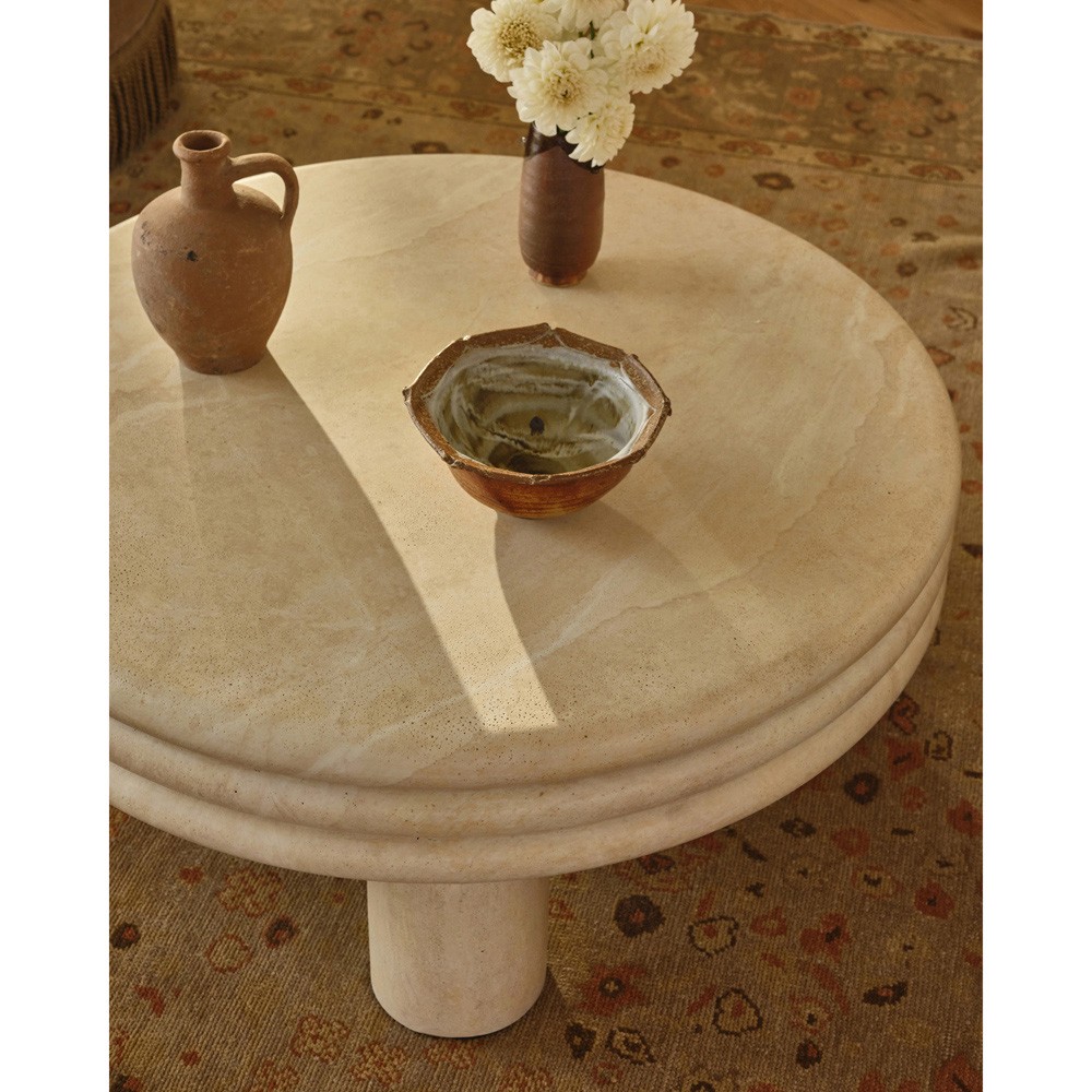 Brittny Modern Classic Beige Faux Travertine Round Outdoor Coffee Table|