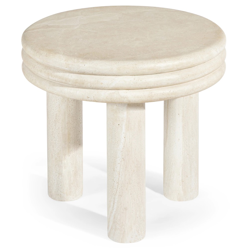 Roma Modern Classic Beige Faux Travertine Round Outdoor End Table|