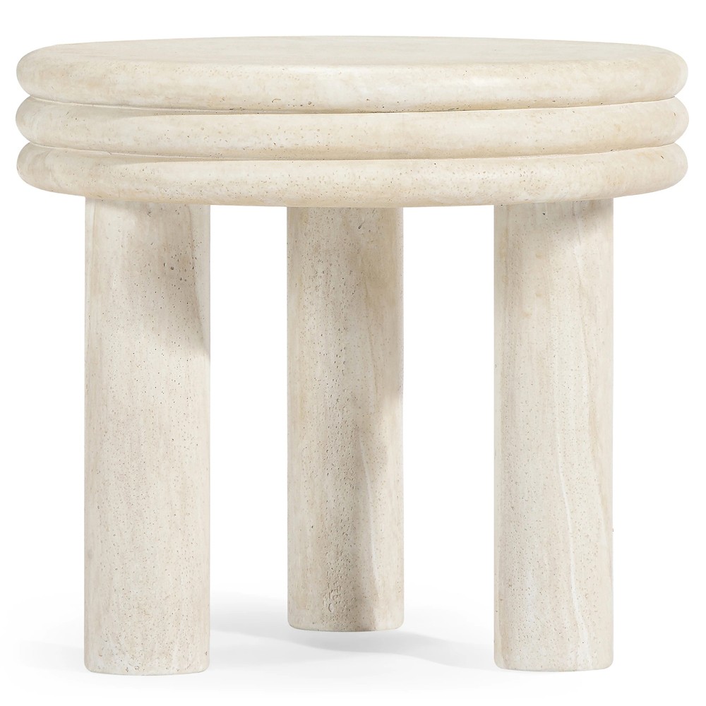 Roma Modern Classic Beige Faux Travertine Round Outdoor End Table|