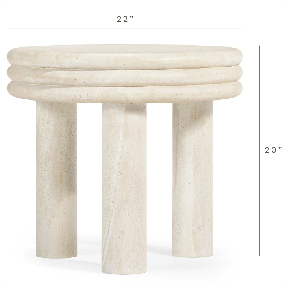 Roma Modern Classic Beige Faux Travertine Round Outdoor End Table|
