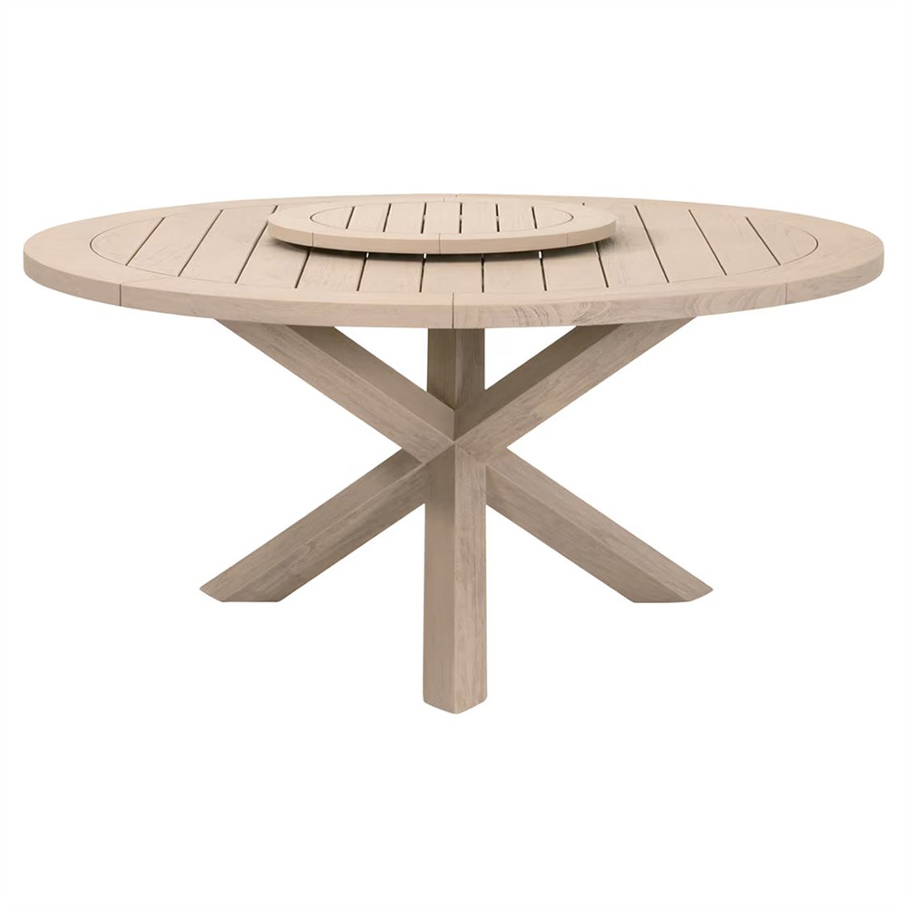 Olaide Coastal Beach Washed Teak Round Outdoor Dining Table - 63"|