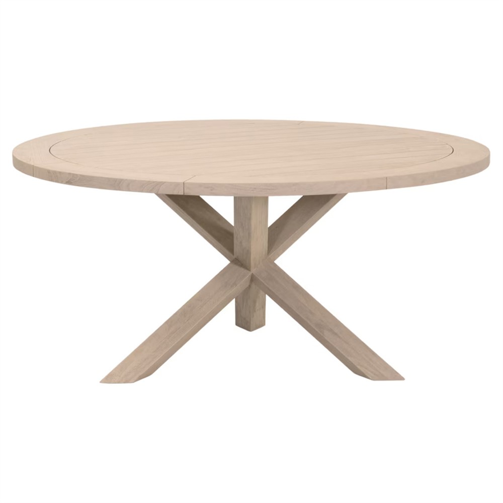 Olaide Coastal Beach Washed Teak Round Outdoor Dining Table - 63"|