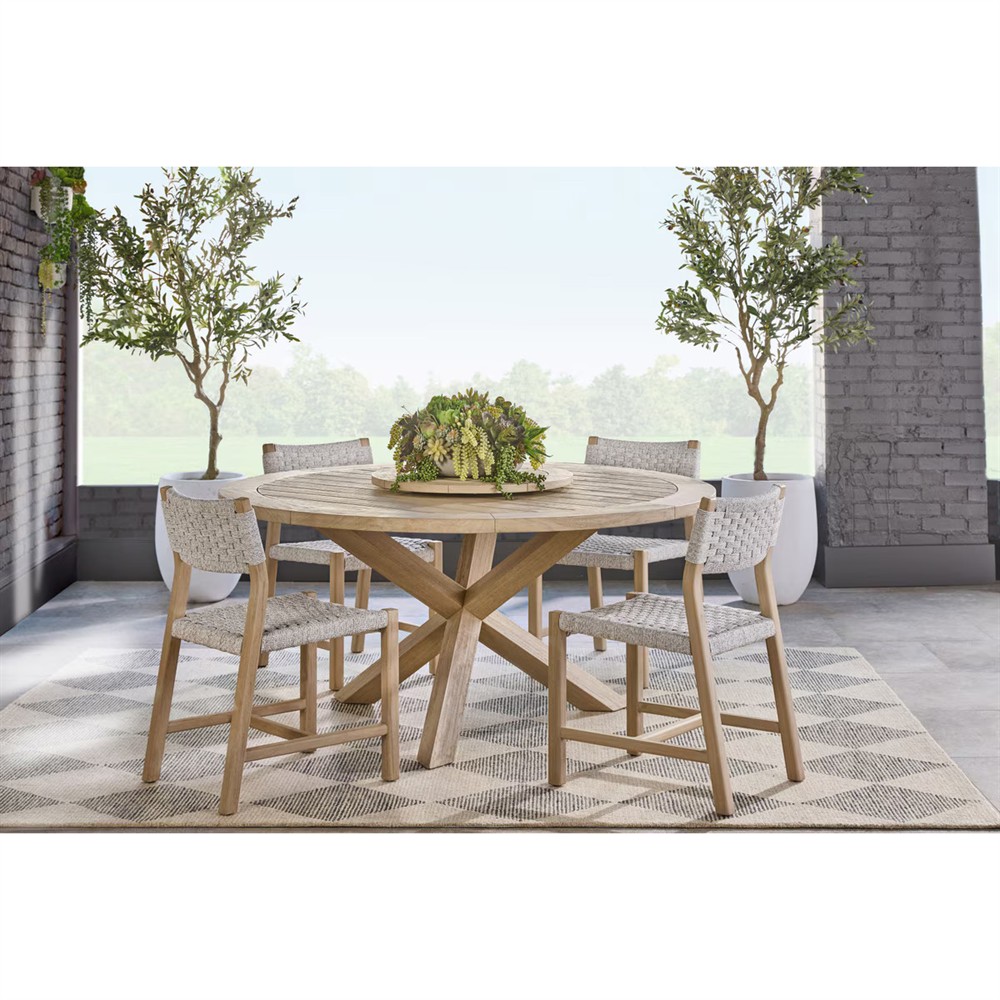 Olaide Coastal Beach Washed Teak Round Outdoor Dining Table - 63"|