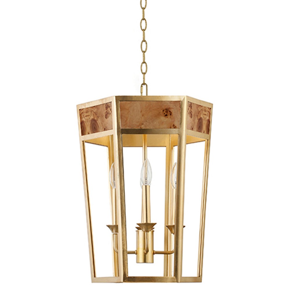 Worlds Away Ren Modern Burl Wood Gold Metal Hexagon Pendant|