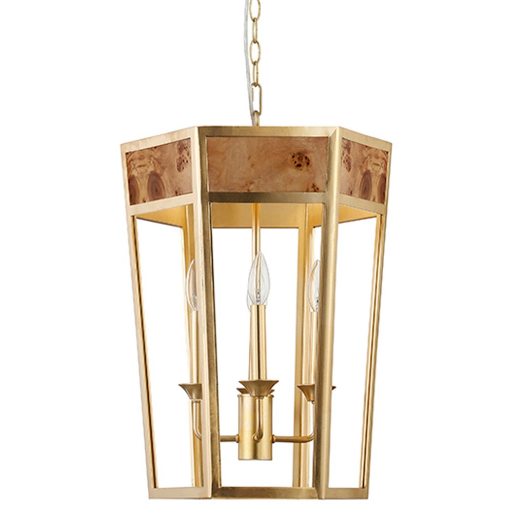 Worlds Away Ren Modern Burl Wood Gold Metal Hexagon Pendant|