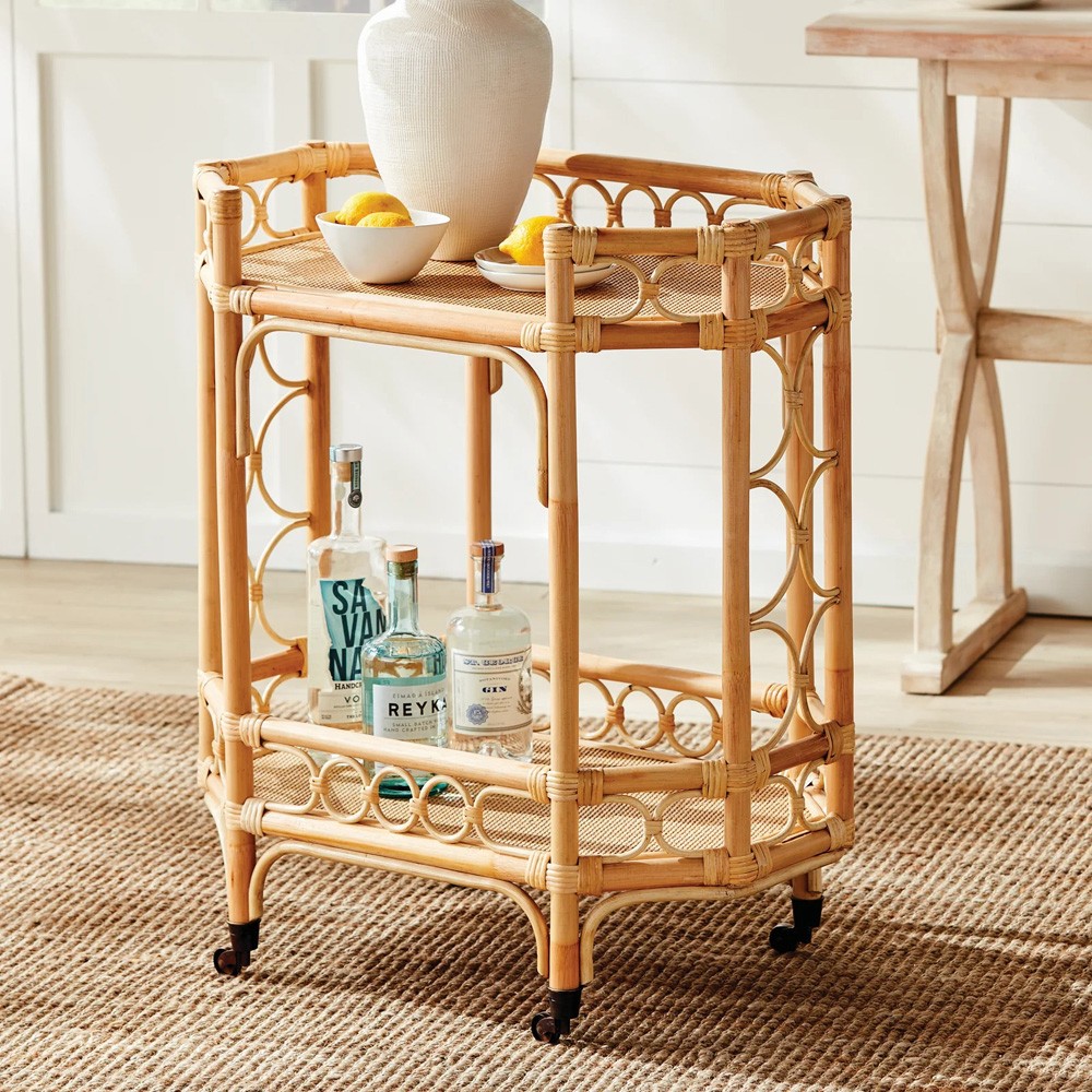 Tiziana Coastal Beach Natural Woven Rattan Bar Cart | Kathy Kuo Home