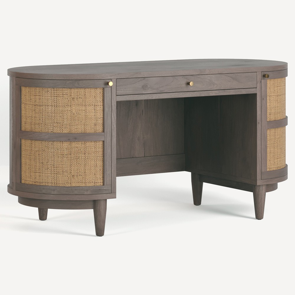 Noah Modern Classic Natural Woven Cane Grey Oak Oval Desk|