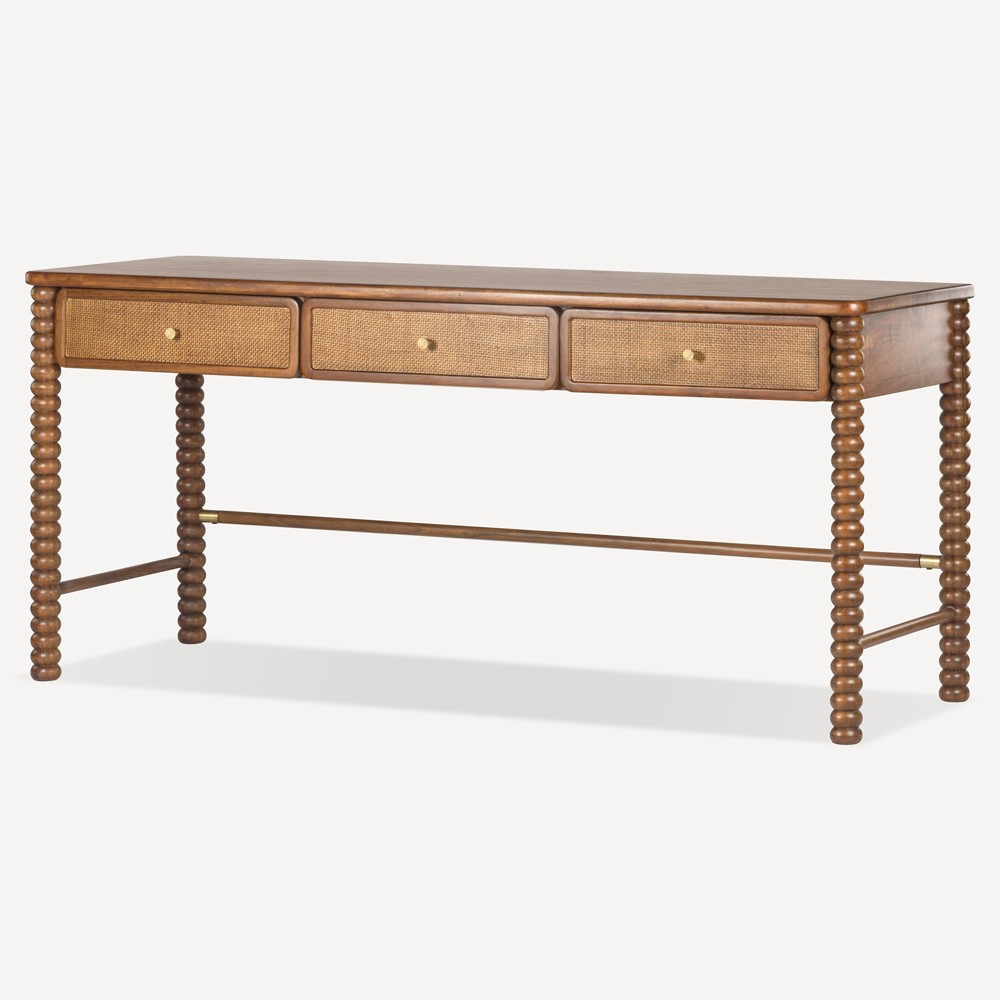 Tobi Updated Traditional Natural Woven Cane Brown Acacia Wood Spindle Desk|