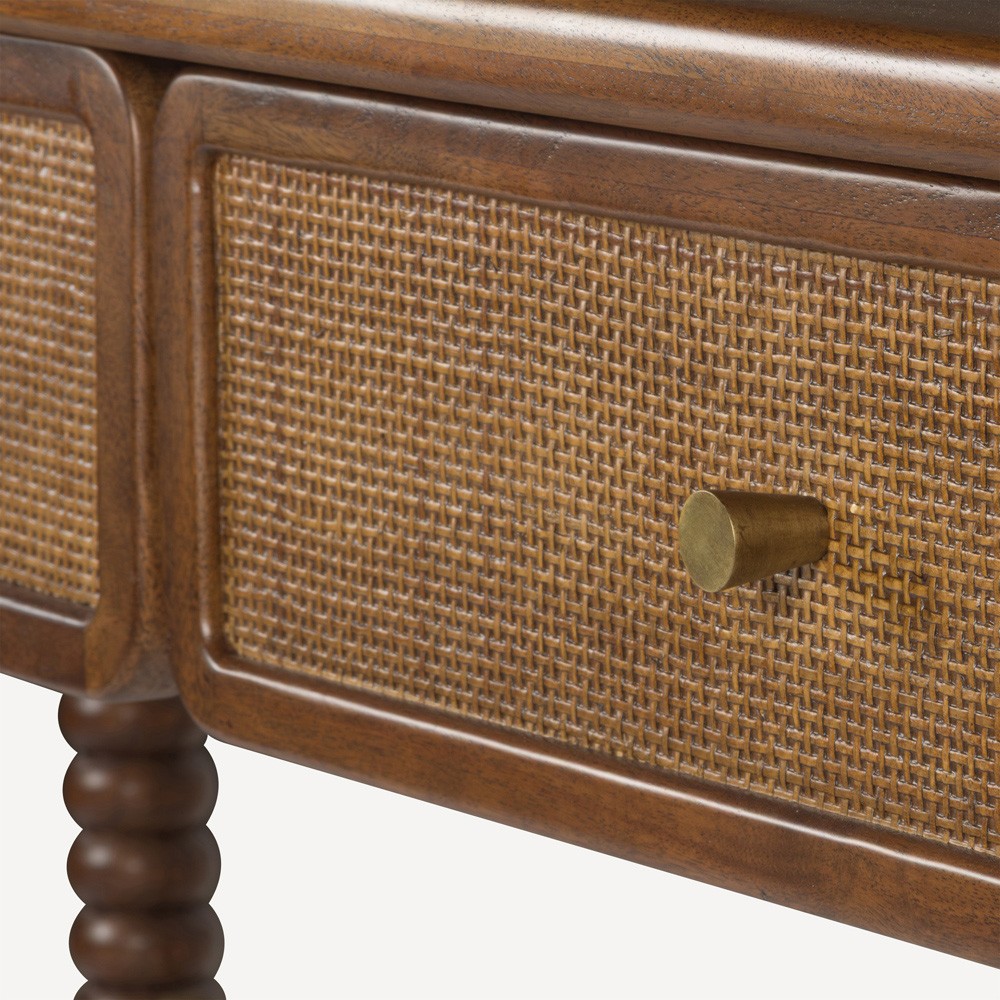 Tobi Updated Traditional Natural Woven Cane Brown Acacia Wood Spindle Desk|