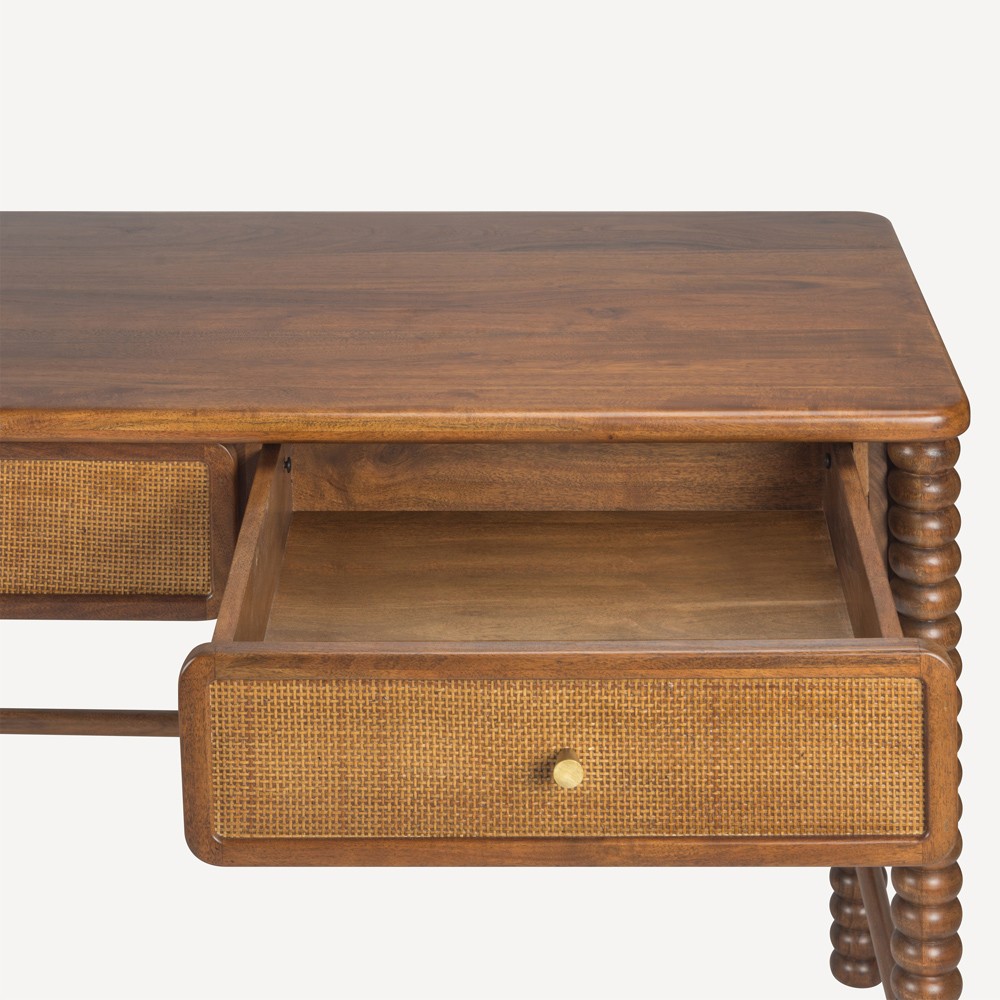 Tobi Updated Traditional Natural Woven Cane Brown Acacia Wood Spindle Desk|