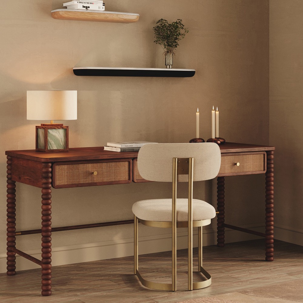 Tobi Updated Traditional Natural Woven Cane Brown Acacia Wood Spindle Desk|