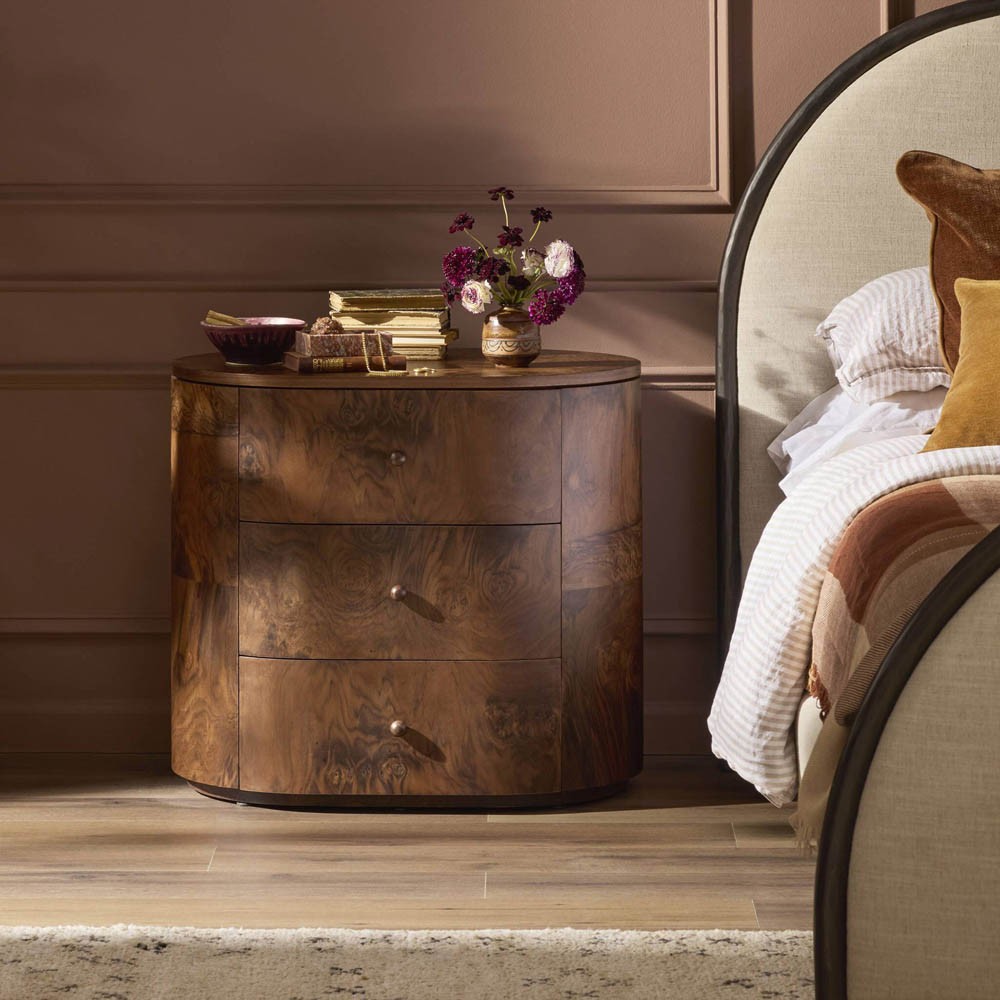 Raisa Walnut Burl Oval Nightstand|