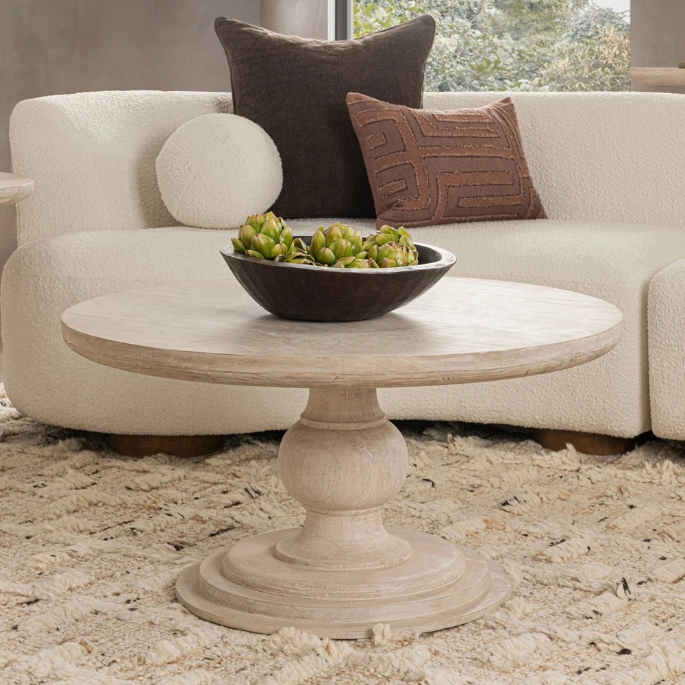 Beatrix Updated Traditional White Washed Mango Wood Round Coffee Table|