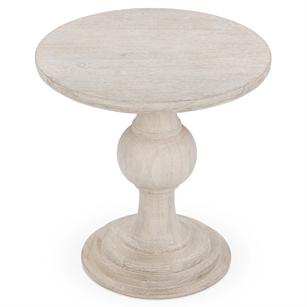 Beatrix Updated Traditional White Washed Mango Wood Round Pedestal End Table|