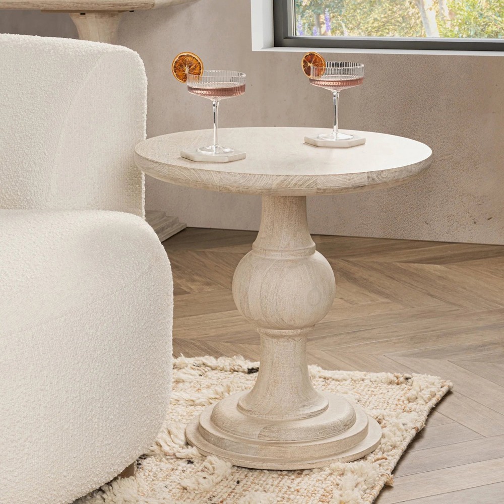 Beatrix Updated Traditional White Washed Mango Wood Round Pedestal End Table|