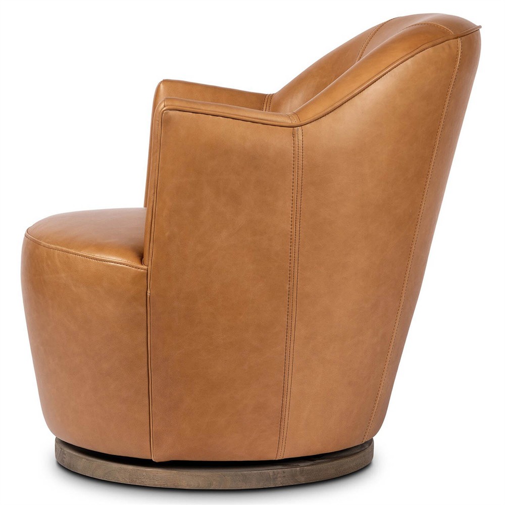 Samuel French Country Tan Leather Brown Wood Swivel Arm Chair|