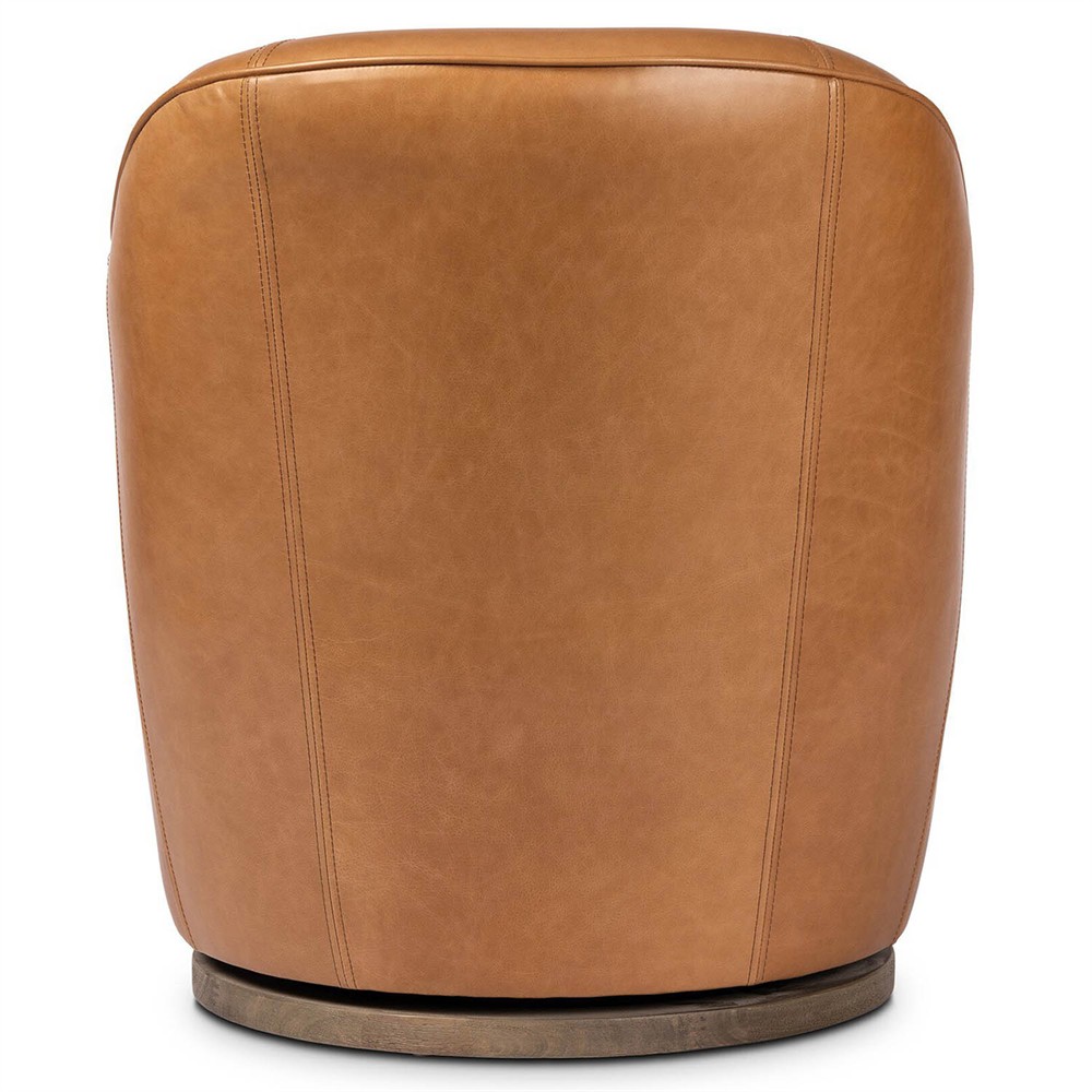 Samuel French Country Tan Leather Brown Wood Swivel Arm Chair|