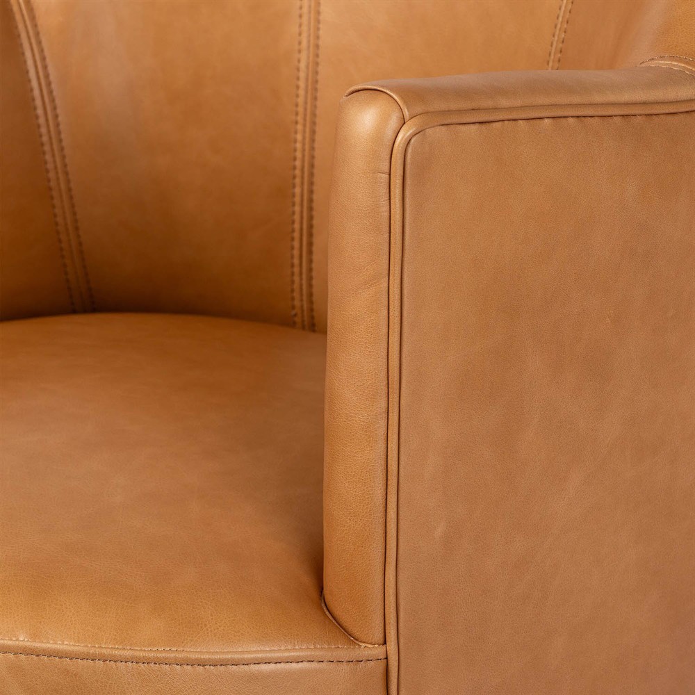 Samuel French Country Tan Leather Brown Wood Swivel Arm Chair|