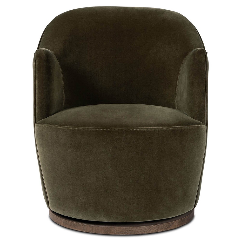 Samuel French Olive Green Velvet Performance Brown Wood Swivel Arm Chair|