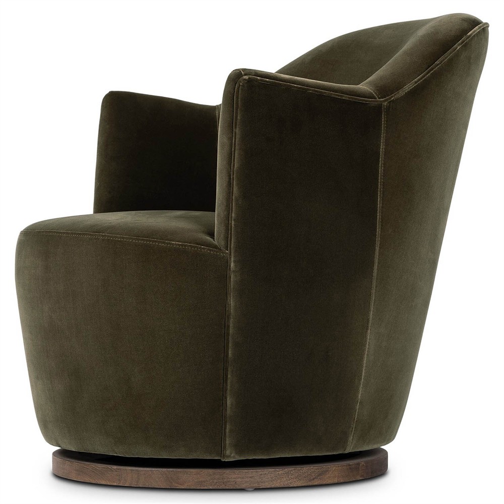 Samuel French Olive Green Velvet Performance Brown Wood Swivel Arm Chair|