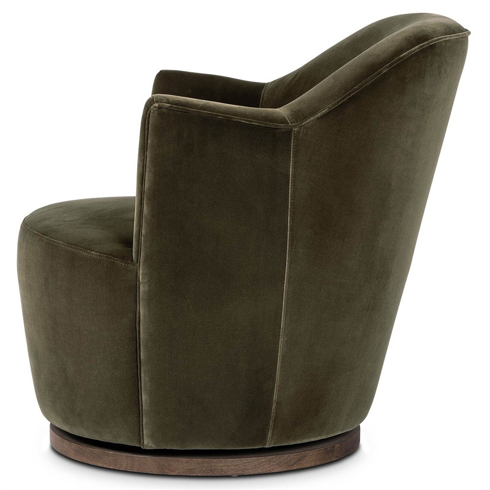 Samuel French Olive Green Velvet Performance Brown Wood Swivel Arm Chair|