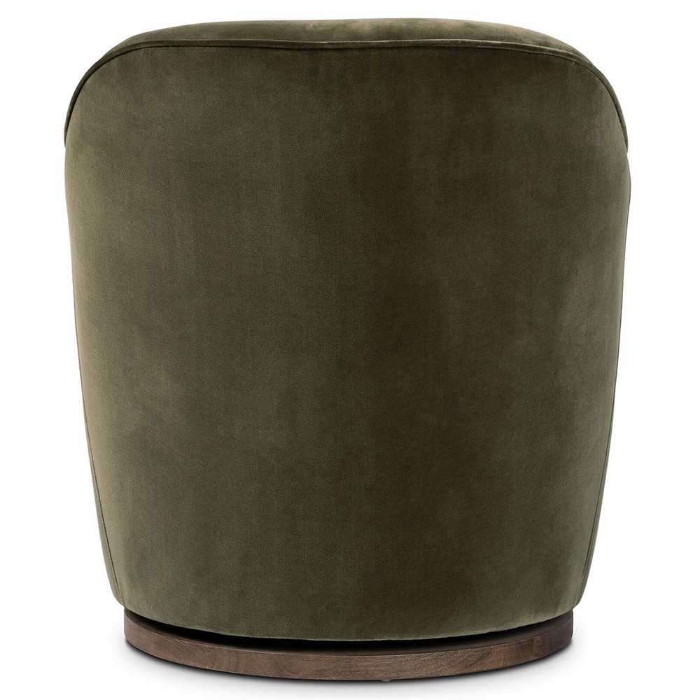 Samuel French Olive Green Velvet Performance Brown Wood Swivel Arm Chair|