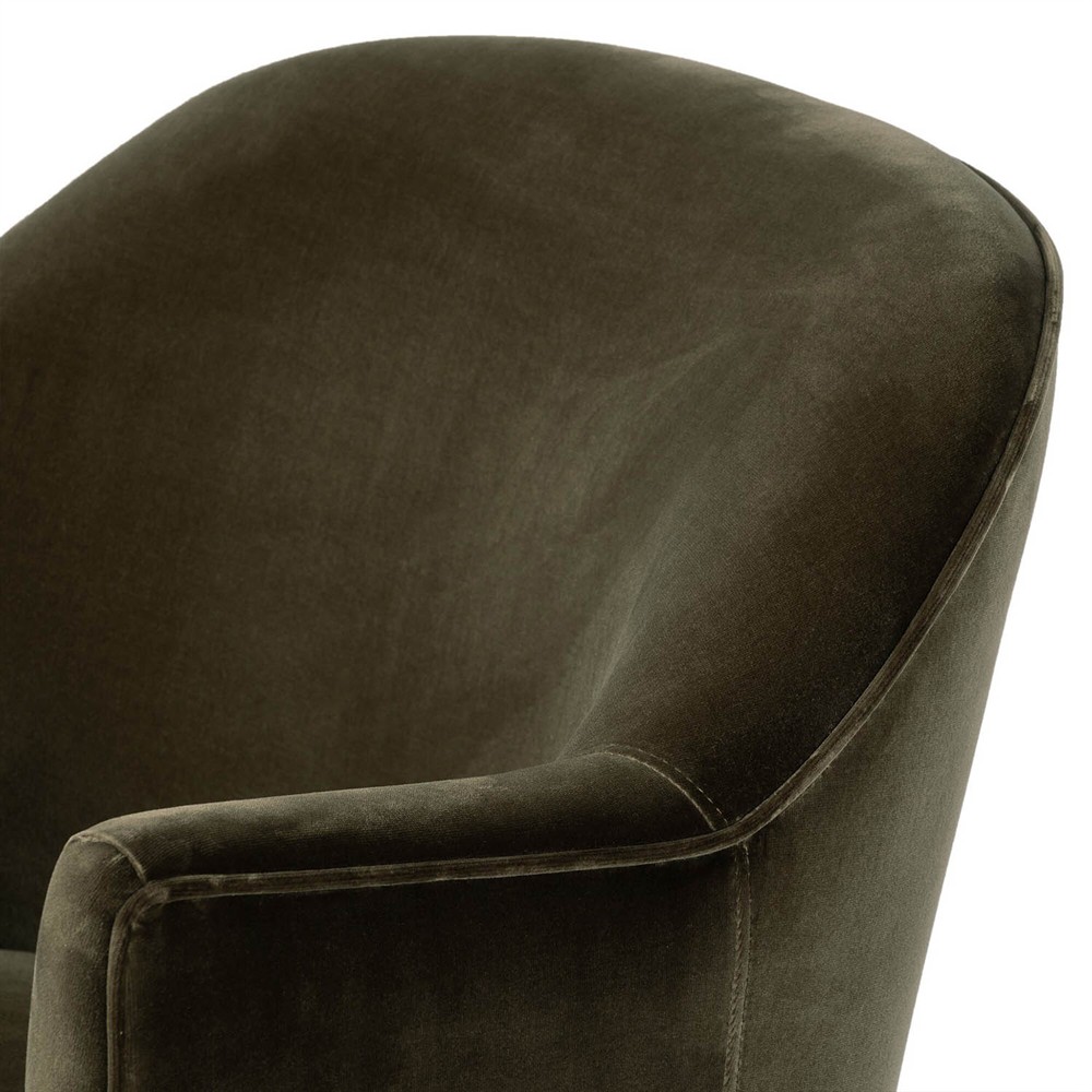 Samuel French Olive Green Velvet Performance Brown Wood Swivel Arm Chair|