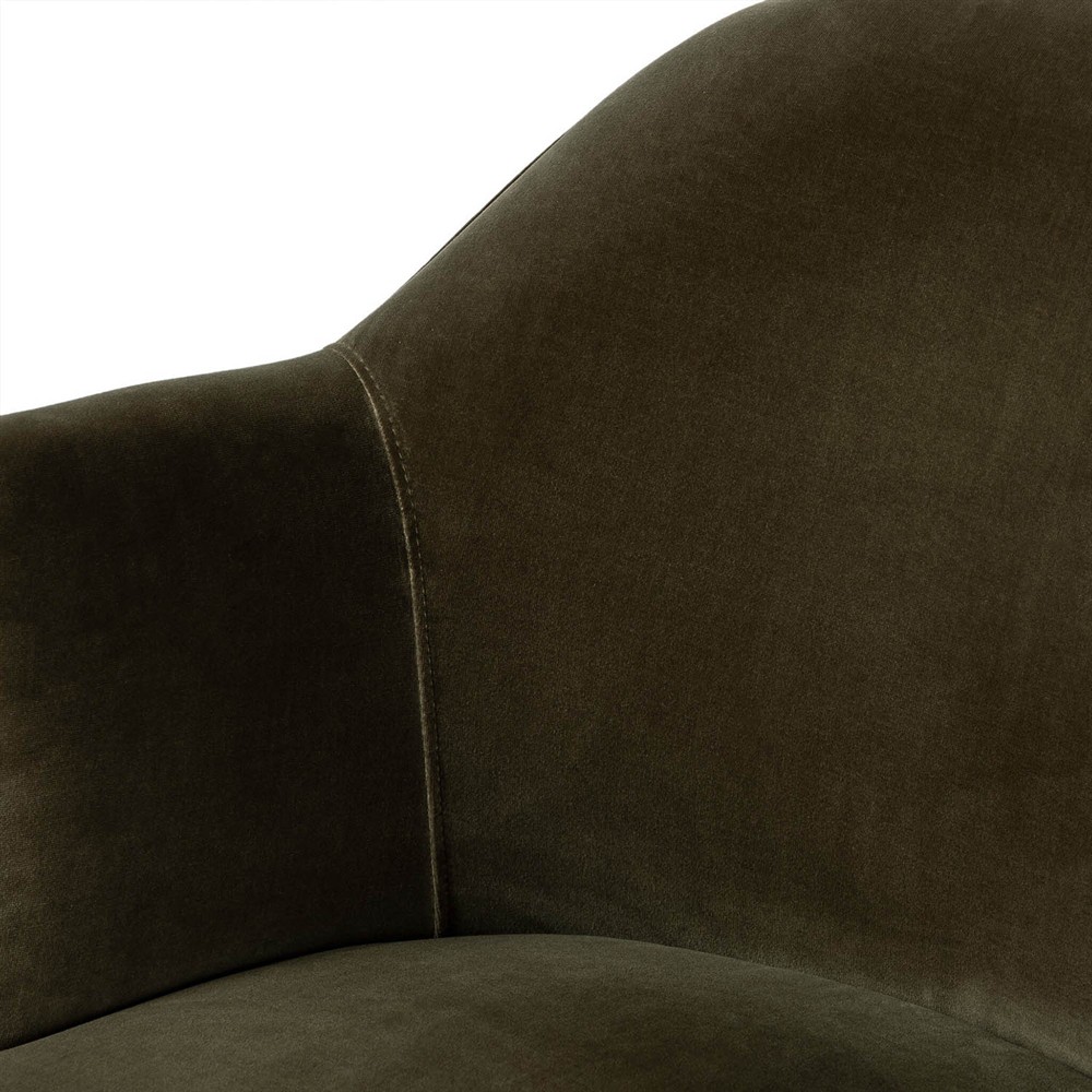 Samuel French Olive Green Velvet Performance Brown Wood Swivel Arm Chair|