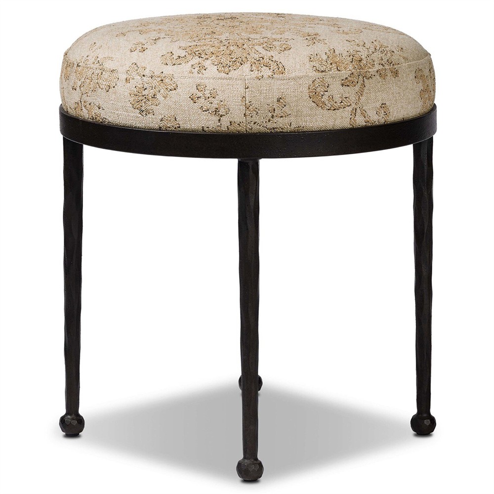 Calix French Country Beige Printed Black Iron Accent Stool|