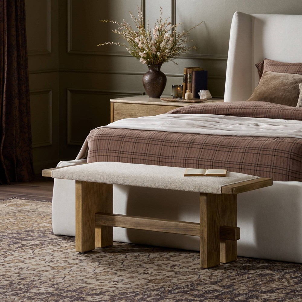Poe Coastal Beach Cream Performance Distressed Oak Bedroom Bench|