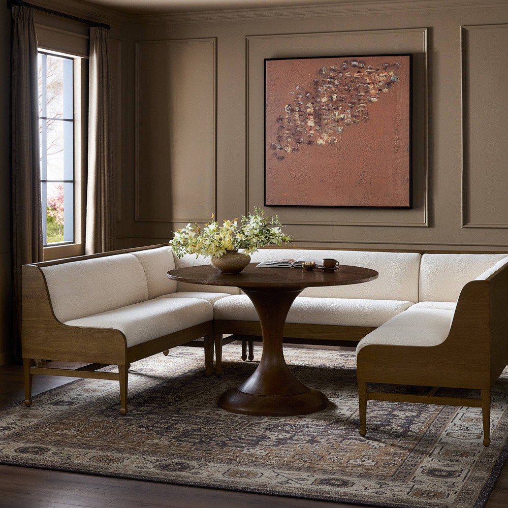 Priscilla Updated Traditional Cream Crypton Brown Oak U-Shape Dining Banquette - 101"|