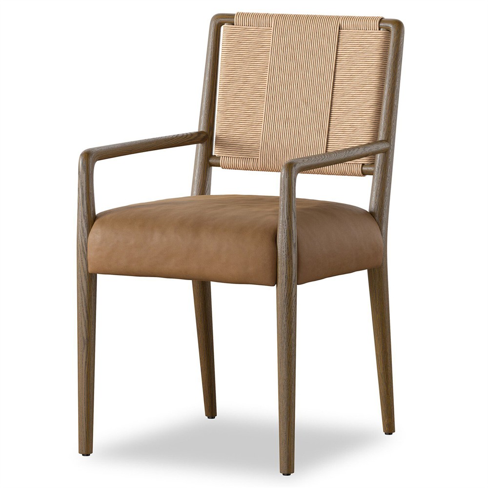 Ronan Coastal Beach Brown Leather Woven Rush Dining Arm Chair|