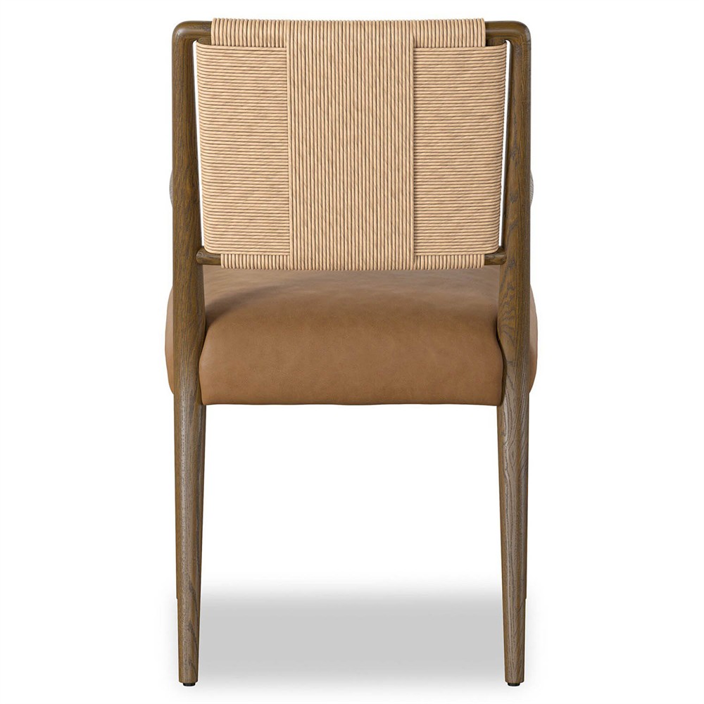 Ronan Coastal Beach Brown Leather Woven Rush Dining Arm Chair|