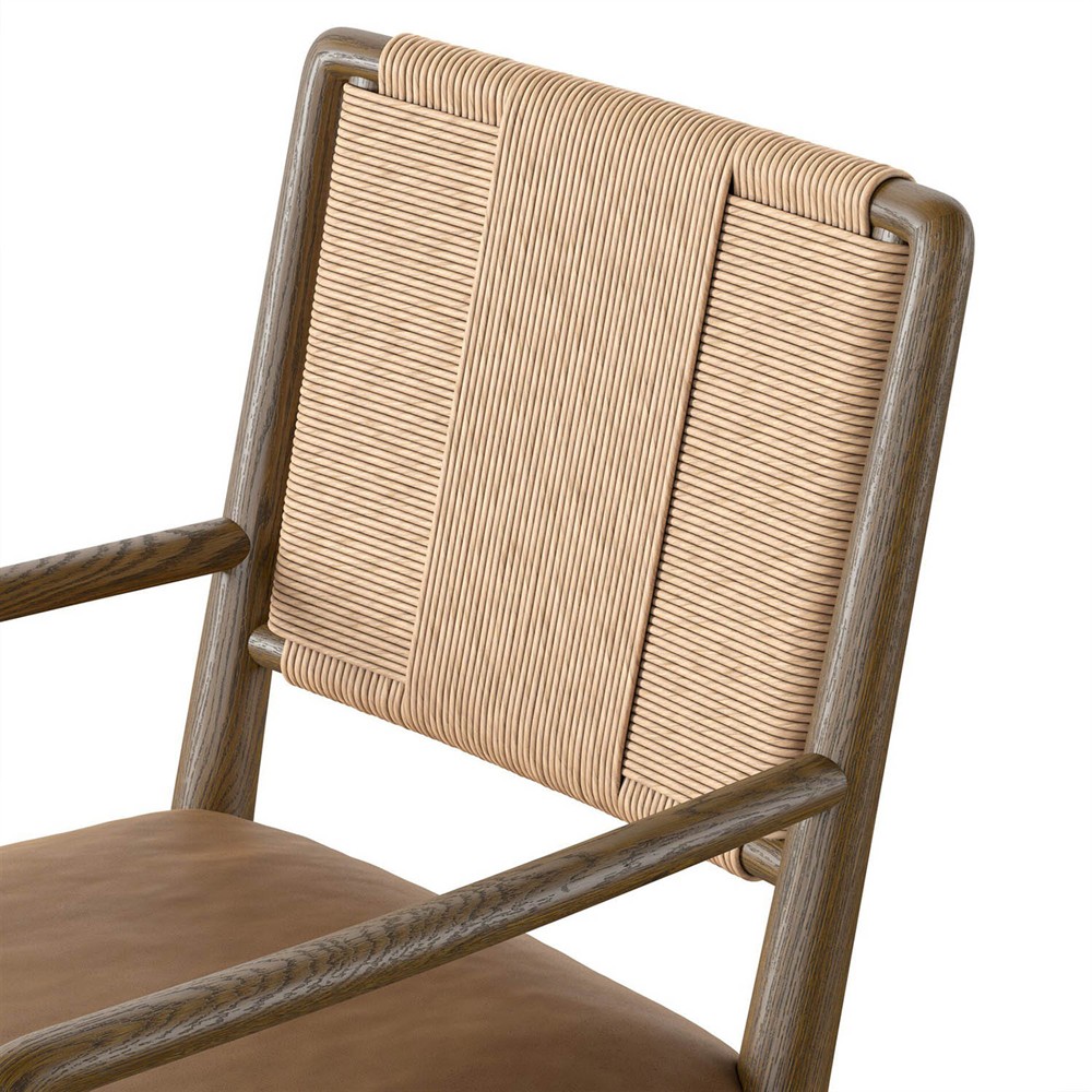 Ronan Coastal Beach Brown Leather Woven Rush Dining Arm Chair|