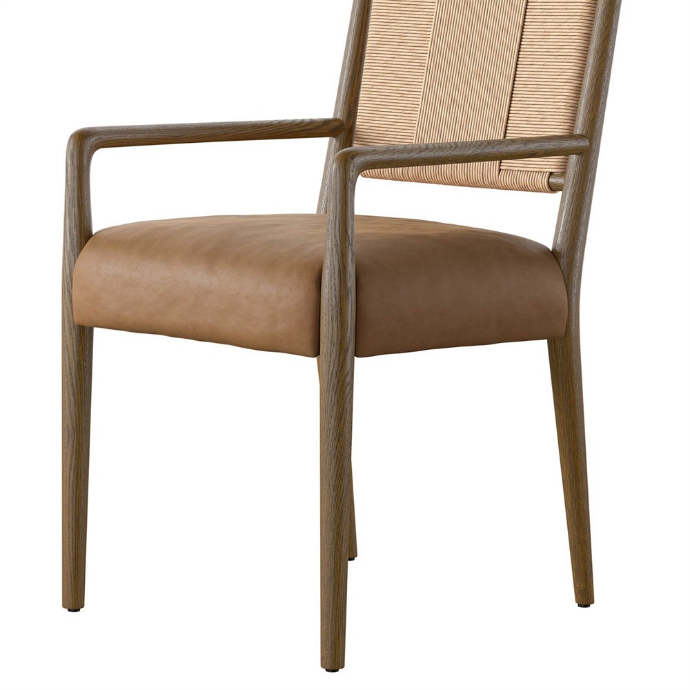 Ronan Coastal Beach Brown Leather Woven Rush Dining Arm Chair|