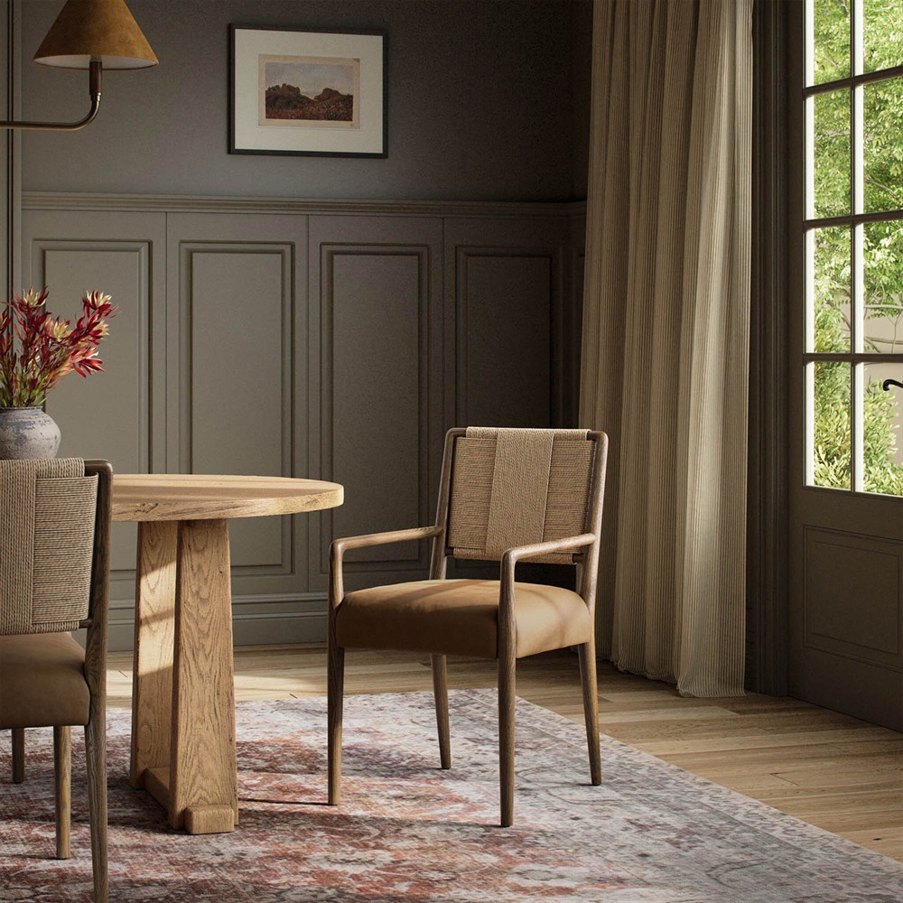 Ronan Coastal Beach Brown Leather Woven Rush Dining Arm Chair|