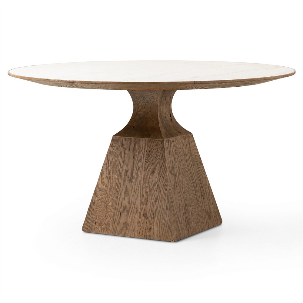 Aiden Modern Classic White Marble Brown Oak Round Dining Table - 53"|
