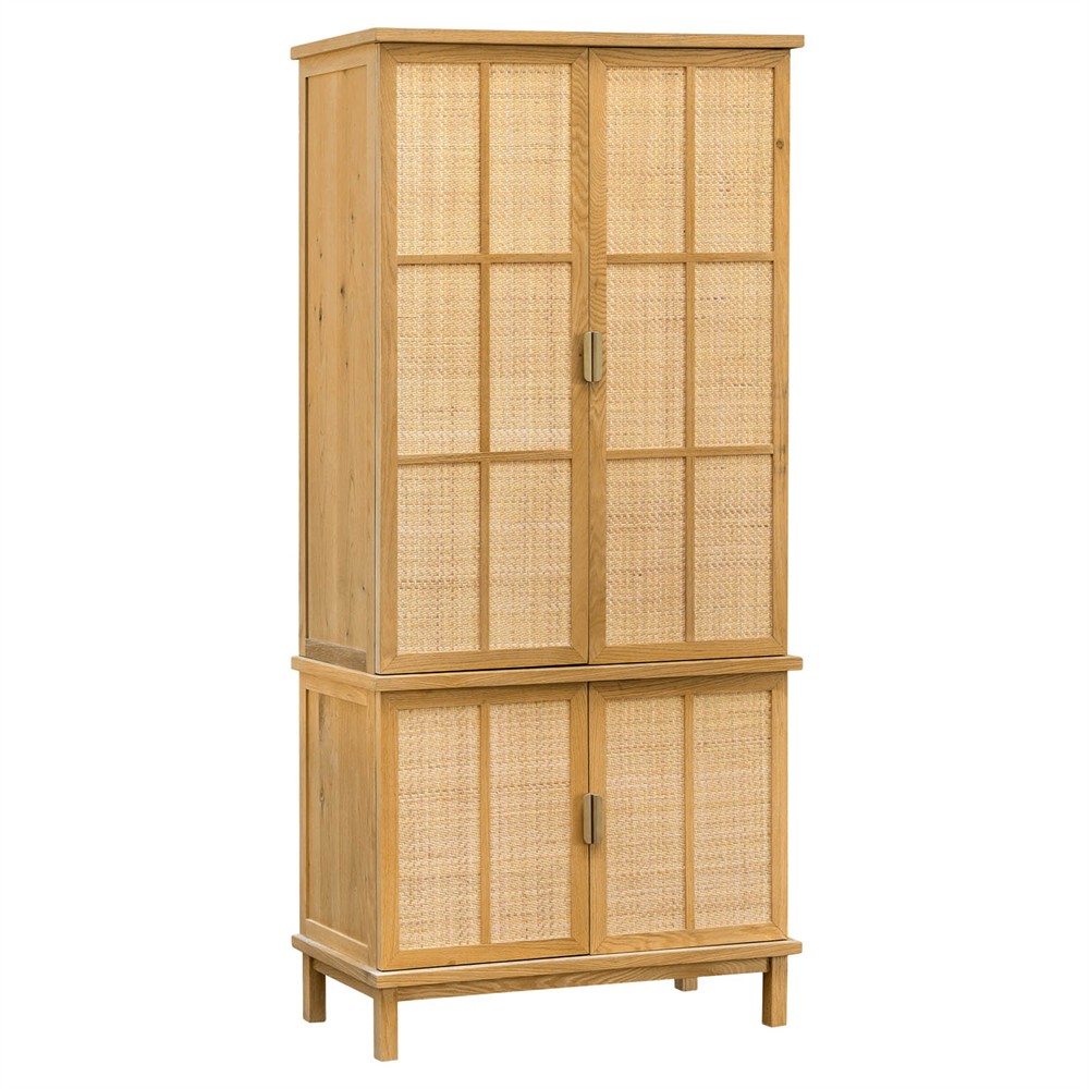 Emory Coastal Beach Natural Oak Woven Rattan Cabinet|