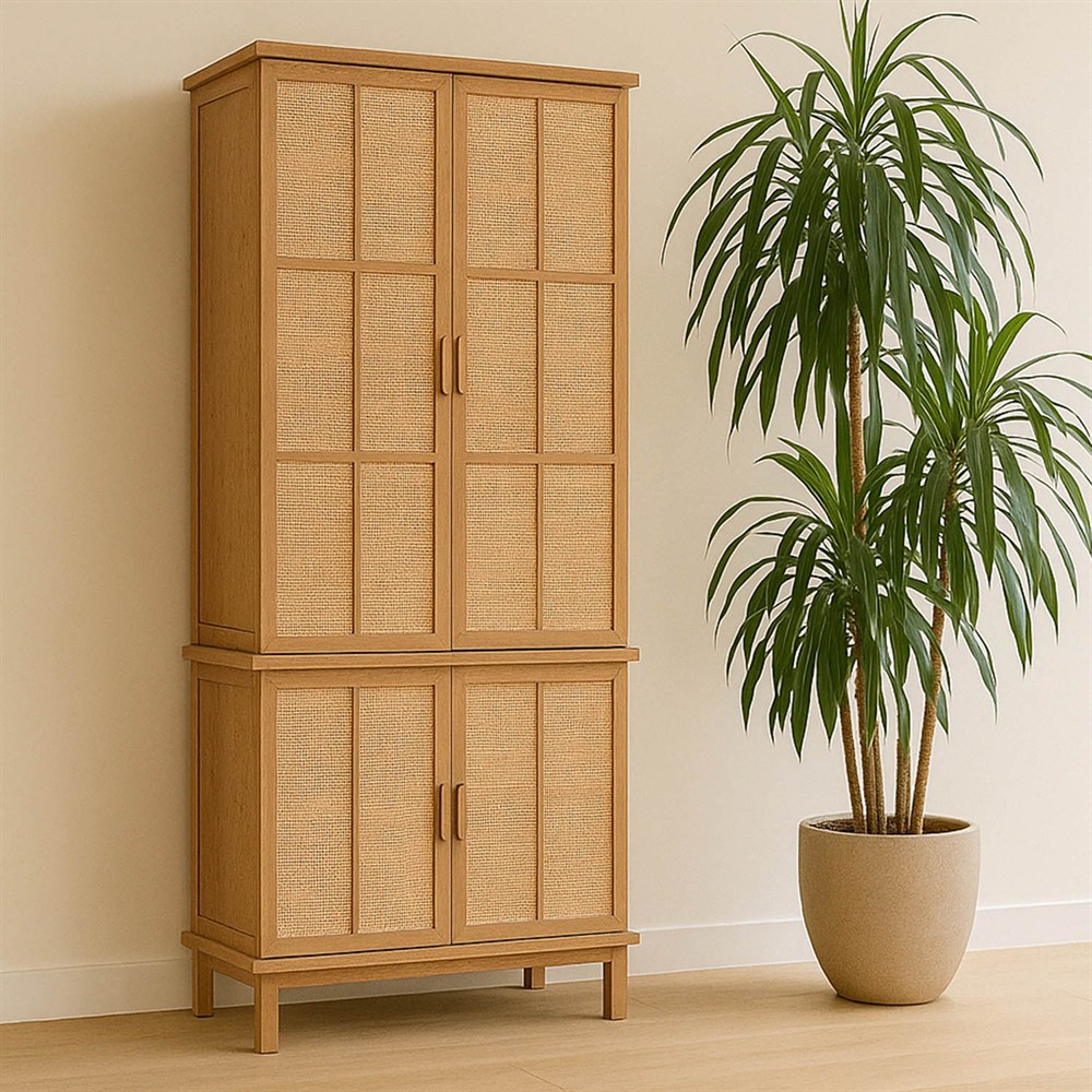 Emory Coastal Beach Natural Oak Woven Rattan Cabinet|