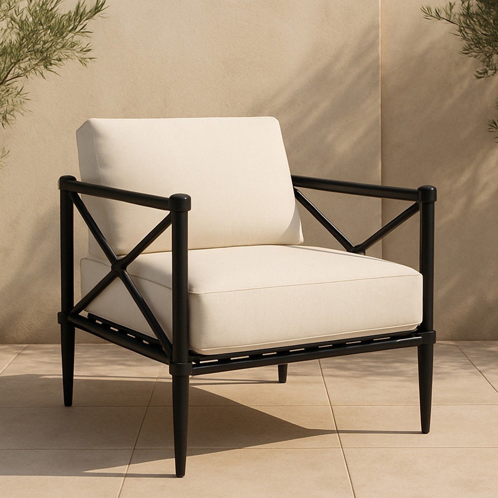 Yarrow Updated Traditional Cream Performance Black Aluminum Outdoor Arm Chair|