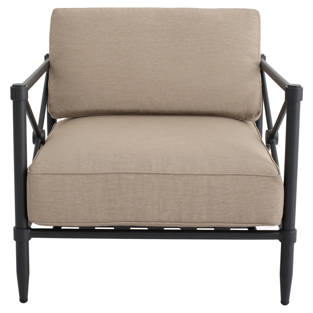 Yarrow Updated Traditional Light Brown Performance Black Aluminum Outdoor Arm Chair|