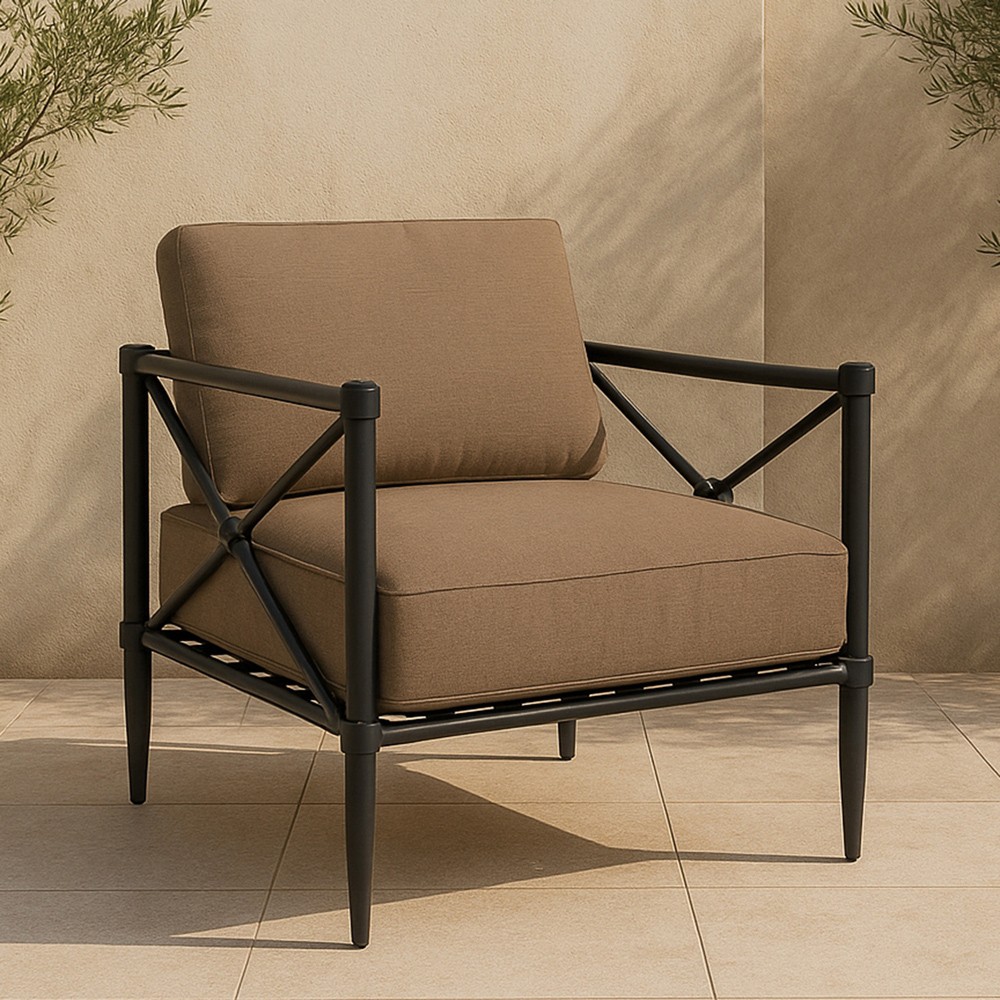 Yarrow Updated Traditional Light Brown Performance Black Aluminum Outdoor Arm Chair|