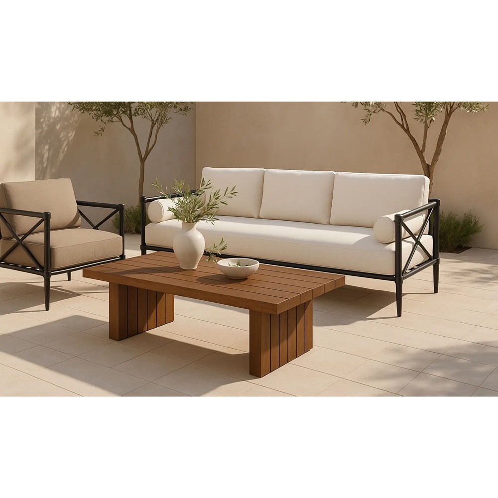 Yarrow Updated Traditional Cream Performance Black Aluminum Outdoor Sofa - 80"|