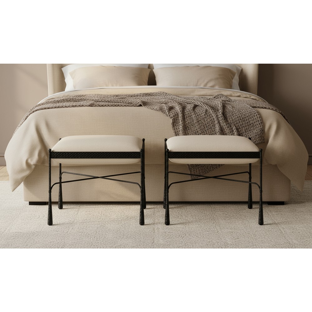 Laith Updated Traditional Cream Upholstered Black Iron Stool|