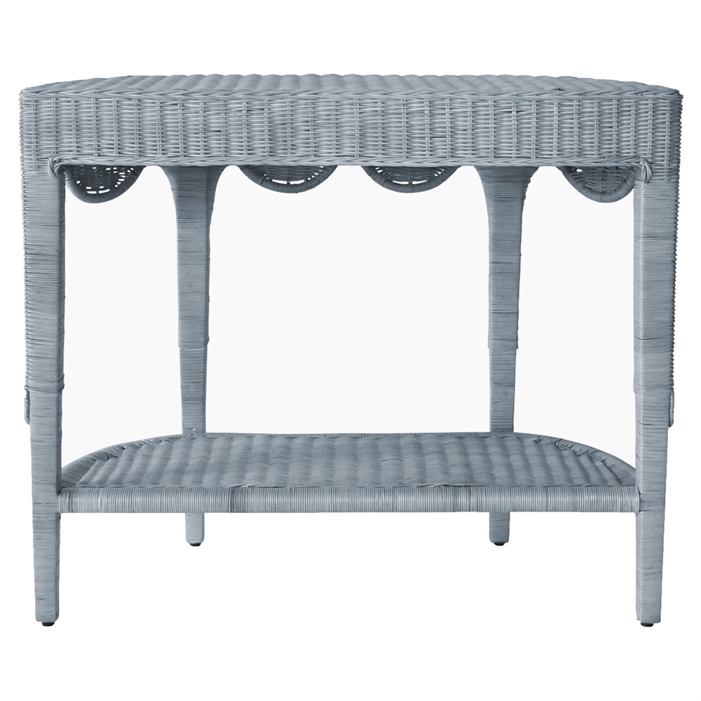 Worlds Away Paloma Blue Woven Rattan Scalloped Demilune Console Table|