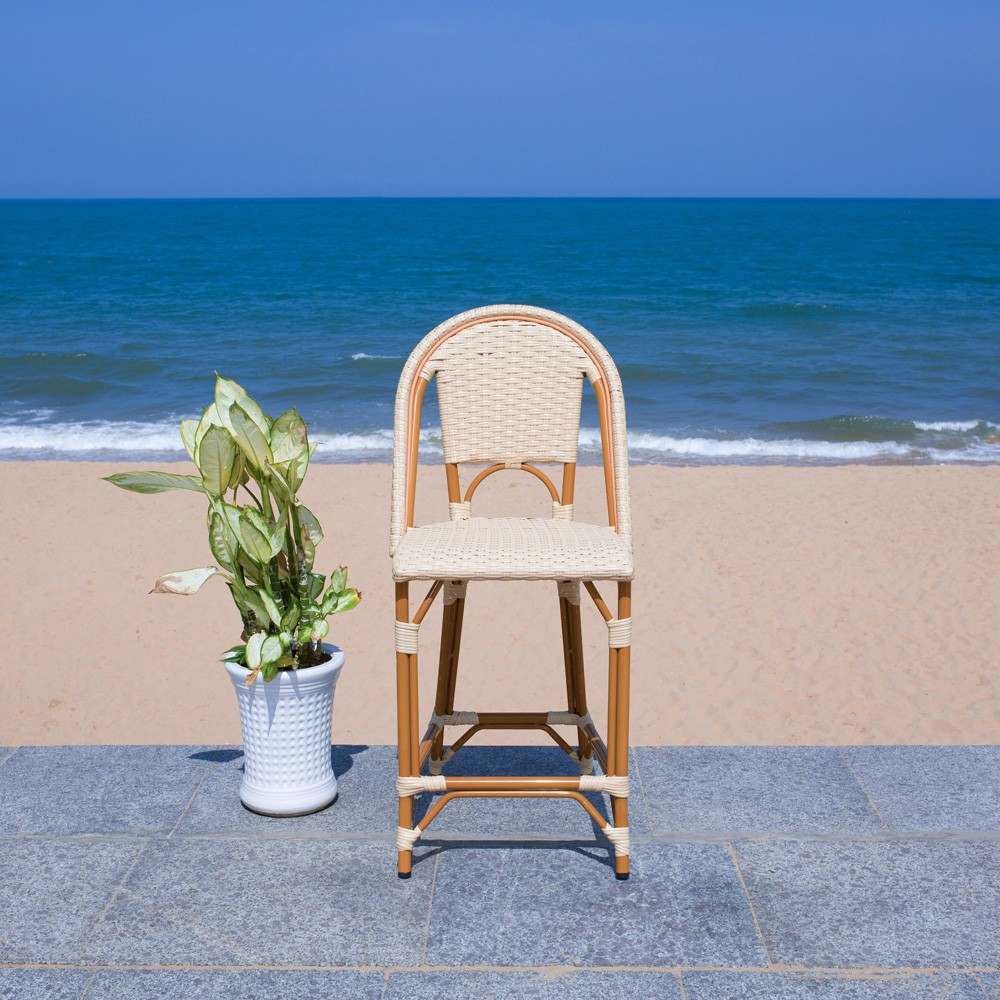Hayden Coastal Beach Beige Woven Faux Wicker Outdoor Armless Counter Stool|