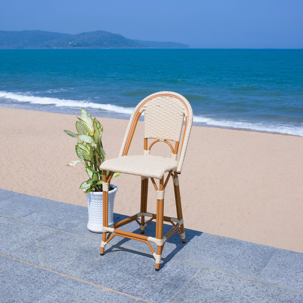 Hayden Coastal Beach Beige Woven Faux Wicker Outdoor Armless Counter Stool|