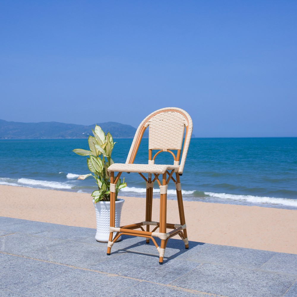 Hayden Coastal Beach Beige Woven Faux Wicker Outdoor Armless Counter Stool|