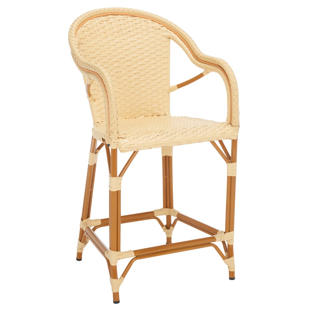 Hayden Coastal Beach Beige Woven Faux Wicker Outdoor Counter Stool|