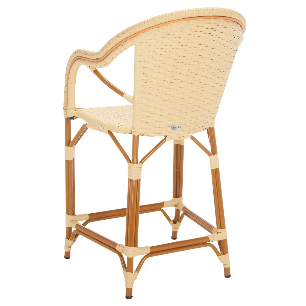 Hayden Coastal Beach Beige Woven Faux Wicker Outdoor Counter Stool|